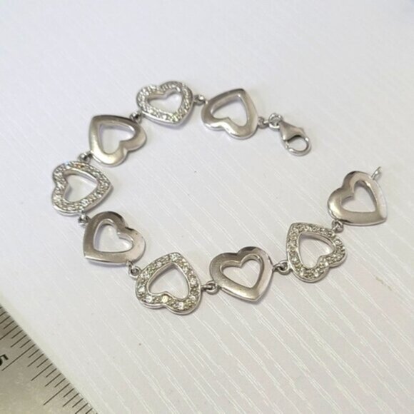 Vintage Sterling Silver Chain Link Crystal Rhinestone Heart Bracelet - Picture 5 of 12